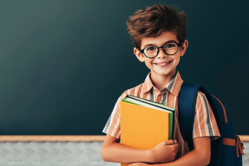 Smiling little boy with glasses stands near the blackboard. Elementary school child with book and bag. ai generative - obrazy, fototapety, plakaty
