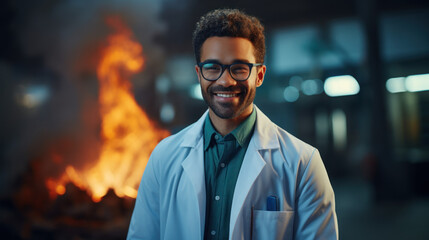 Fototapeta premium A medical doctor wearing lab coat smiling, blurry fire background