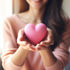 Woman hands holding pink heart, donate and family insurance concept, World heart day. ai generative