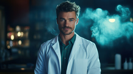 A medical doctor wearing lab coat smiling, blurry teal blue smoke labor background