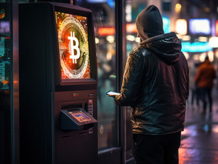 A young man withdraws his bitcoins from the ATM - obrazy, fototapety, plakaty