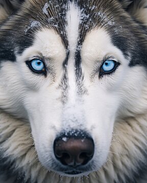 blue eyes husky dog close up photo, light azur and snow