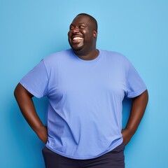 Fat african american man smiling in blue t-shirt on blue background AI