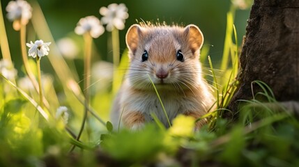 A cute squirrel looking through the grass.