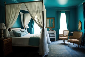 Fototapeta na wymiar Turquoise Tranquility: Stylish Bedroom Retreat