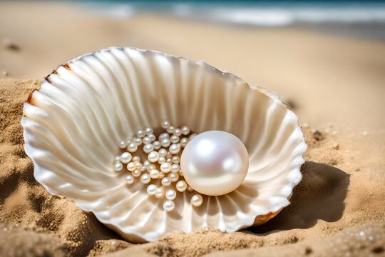 pearl in a seashell on the beach