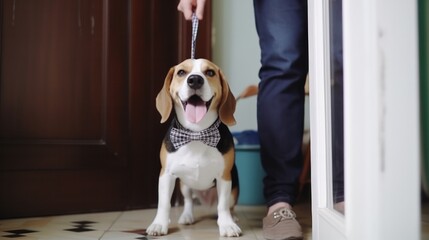Alt text: A well-dressed dog posing with its owner, wearing a stylish bow tie.