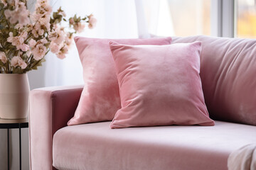 Close up of a pink fabric sofa with styled cushions and throw in living room. Cozy House after renovation. Relax concept. Home comfort. Apartment interior details