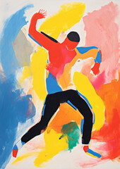 Abstract painting of a figure of a man dancing - expressive loose gouache painting in bright red and yellow and blue primary colours