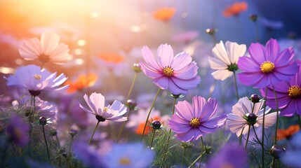 cosmos flowers on a sunny background, light violet and light amber, light orange and light navy, tranquil gardenscapes