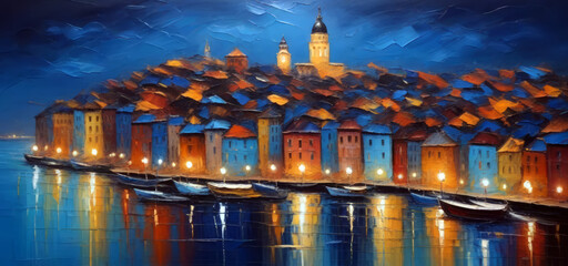 An oil painting of cityscape artwork, night at the city. Oil painting brushes with natural warm colors. Can be used as background, wallpaper or printable art.