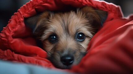 Puppy in red blanket with a playful and inquisitive look, the epitome of young canine curiosity and comfort.