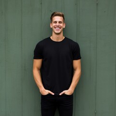 Muscular man smiling in black t-shirt on green background isolated AI