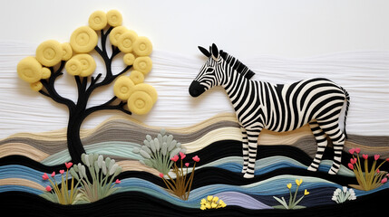 Fototapeta na wymiar Wool felt zebra in colorful african landscape, crafted tapestry style