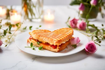 Tuinposter heart shaped toast sandwich for romantic Valentines Day breakfast food  © KEA