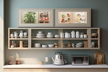 Fototapeta premium Neatly organized kitchen shelf with various dishes on the wall
