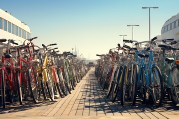 Green Transportation Symbol: Overflowing Bicycle Parking with Bicycles