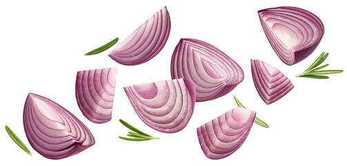 Sliced red onion isolated on white background with clipping path - obrazy, fototapety, plakaty