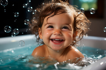 Fototapeta na wymiar Baby with soap bubbles smiling in a bathtub