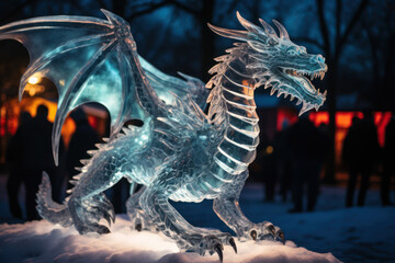A dragon-shaped ice sculpture gleaming at a winter festival. Concept of ice carving and seasonal celebrations. Generative Ai.