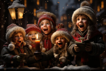 Fototapeta premium A group of children singing Old New Year's carols and going door-to-door for treats. Concept of youthful traditions and caroling. Generative Ai.