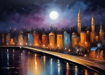 An oil painting of cityscape artwork, night at the city with sea. Moon in the sky. Oil painting brushes with natural warm colors. Can be used as background, wallpaper or printable art.