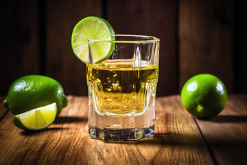 Tequila shot with lime on wooden background