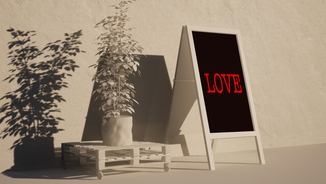 Modellazione 3D e rendering di cavalletto con testo LOVE e bancale con vaso con pianta