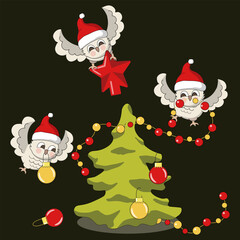 Three owl friends decorate a fir tree with lights, ornaments and a star. Cartoon vector illustration on black background.