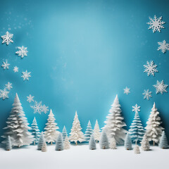 Creative layout with snowy Christmas trees and snowflakes on blue background, winter nature scene minimal concept