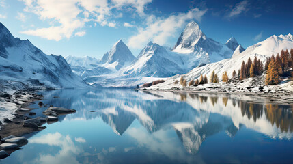 Pristine Swiss alpine lakes reflecting the monumental beauty of towering, snow-draped peaks AI generative