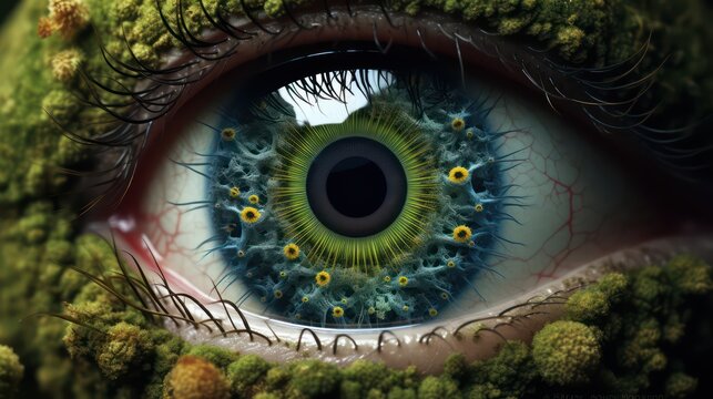 mandelbrot  design  in a macro human eye ,surreal concept  of forest  