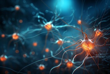 of neurons looking up, dynamic movement and energy, dark cyan and orange, realistic rendering