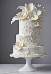 Cake decorated with protein cream patterns and flowers