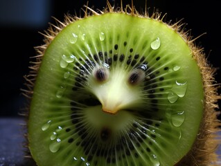 Kiwi fruit with water drops on it, close-up. Ai generated.