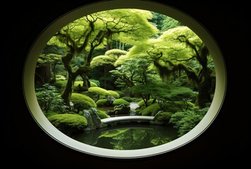  via circular window, illusory space, green