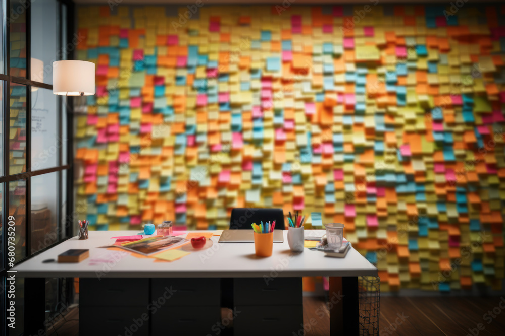 Poster a brainstorm of colorful sticky notes on a wall, forming a mosaic of diverse concepts and possibilit