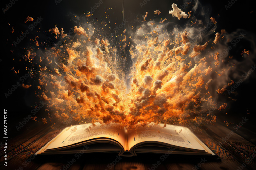 Poster a burst of creativity exploding from an open book, where words and phrases transform into imaginativ