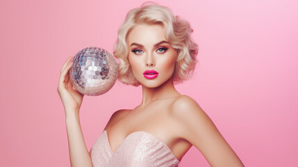 A young and attractive lady in an elegant dress with a sparkling disco ball on a pink background.