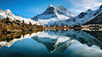 Naklejka premium Pristine Swiss alpine lakes reflecting the monumental beauty of towering, snow-draped peaks AI generative