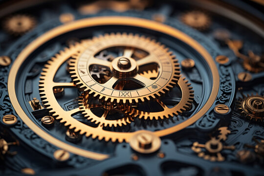 A swirling vortex of gears and cogs, illustrating the intricate machinery behind the birth and development of ideas. Concept of the mechanics of thought. Generative Ai.