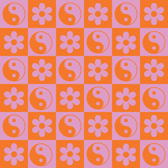 Checkered retro flowers with Yin and yang signs seamless pattern in pink and orange. For stationary, fabric and backgrounds. 