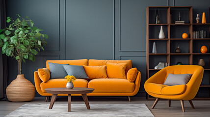 Comfortable sofa and armchair in stylish living room. AI Generative.