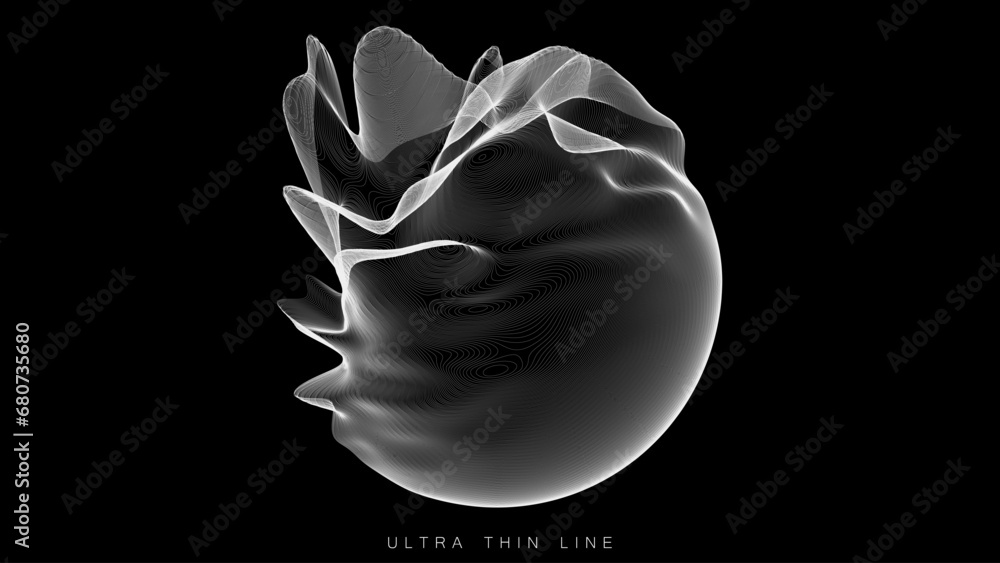 Poster distorted line spheres. vector thin line glitch geometry.