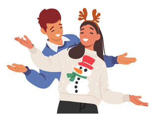 Cheerful Couple Characters In Cozy Christmas Sweaters, Adorned With Vibrant Patterns And Holiday Motifs