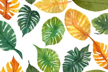 Obraz premium tropical leaves watercolor background, paper background with the imprint of tropical leaves