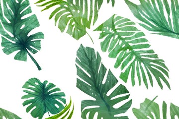 Fototapeta na wymiar tropical leaves watercolor background, paper background with the imprint of tropical leaves
