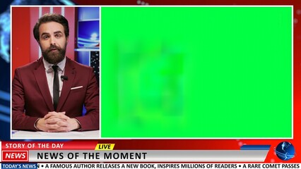Journalist gives news with greenscreen on live television program, using modern technology...