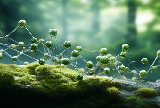 net zero with green moss and symbols, molecular structures, bokeh, medical imaging film.