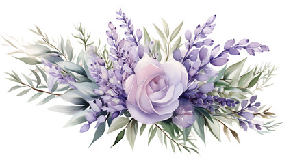 Watercolor eucalyptus leaves and lavender flower bouquet, isolated bunch of flowers for decoration on transparent. Generative AI - obrazy, fototapety, plakaty